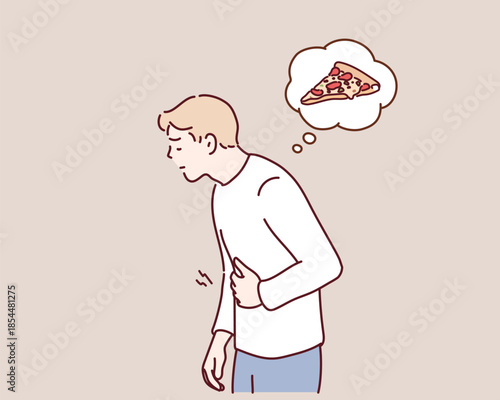 Young man feeling hungry and craving fast food with pizza in thought bubble. Original vector illustration drawn by hand.
