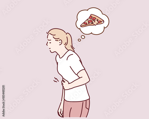 Young woman feeling hungry and craving fast food with pizza in thought bubble. Original vector illustration drawn by hand.
