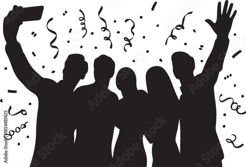 Black silhouette of five people taking a selfie with confetti