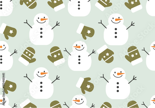A seamless christmas pattern featuring snowmen and mittens on a light green background for holiday decoration designs