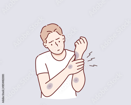 sad man looking at bruises on her arms after an accident. Original vector illustration drawn by hand.