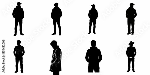 Diverse collection of young adult male silhouettes standing in street fashion attire for architectural drawings, isolated vector graphic set.