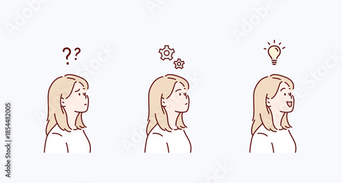 Woman thinking deeply, analyzing ideas and seeking understandingOriginal vector illustration drawn by hand.