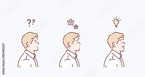 Man thinking deeply, analyzing ideas and seeking understanding. Original vector illustration drawn by hand.