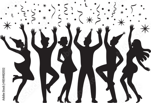 Black silhouettes of people celebrating with confetti and party hats