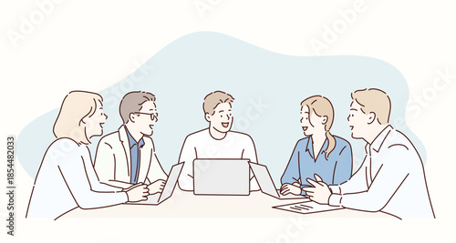 Business people having a group discussion. Original vector illustration drawn by hand.