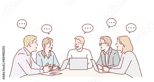 Business people having a group discussion. Original vector illustration drawn by hand.