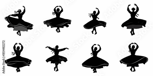 Collection of eight black silhouettes depicting women performing traditional folk dances with wide, spinning skirts, vector illustration.