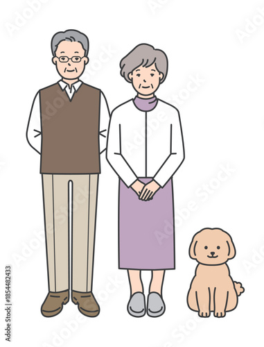 高齢者夫婦と犬のイラストベクター素材