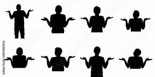 Eight black silhouettes of people shrugging, expressing confusion, doubt, and uncertainty with open palms, isolated on a white background.