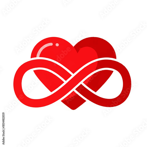 Minimalist flat vector icon featuring a bold red heart intertwined with an infinity symbol, symbolizing everlasting love, passion, and an unbreakable connection