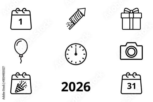 New year icon set on white and transparent background. Symbol of calendar, o'clock, firework, balloon, gift box, 2026, camera. Set vector line icons of  new year element