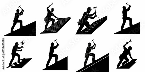 Set of eight black silhouettes showing roofers installing shingles and hammering nails on a sloped roof, symbolizing construction and home improvement.