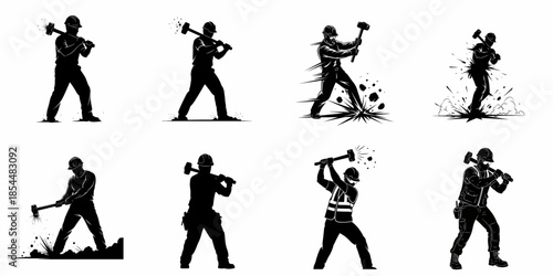 Sledgehammer worker silhouette set in various dynamic poses: construction, demolition, and heavy manual labor vector illustration.