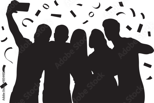 Five people taking a selfie with confetti silhouette