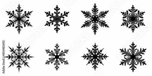 Collection of eight unique black snowflake vector silhouettes isolated on white, representing winter, frost, and Christmas seasonal decoration design elements.