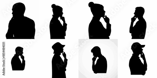 Collection of Eight Silhouettes of Diverse People in Profile Posing Thoughtfully, Representing Pondering, Decision Making, and Contemplation.
