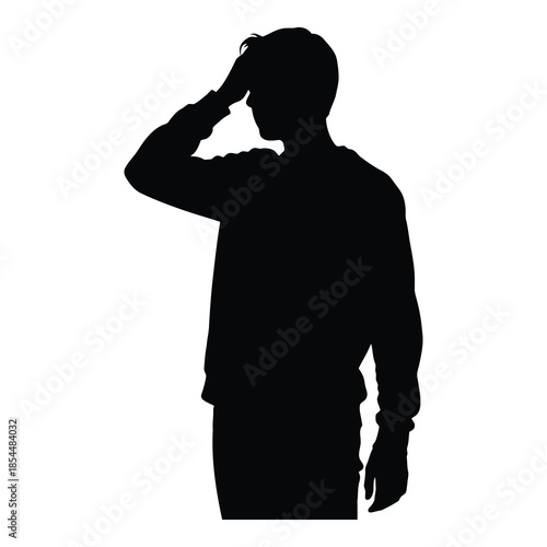 Silhouette of a young man shading his eyes with his hand while looking intently into the distance on white background