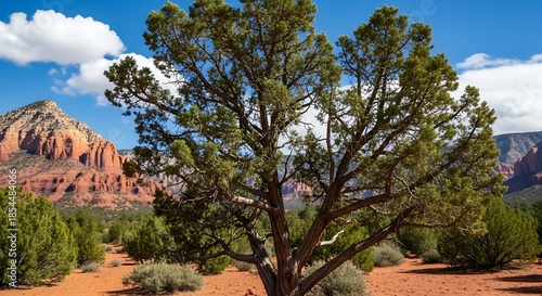 Majestic Tree Dominates Arid Red Rock Landscape Under Blue Sky.
