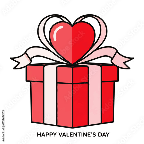 Flat vector illustration of a red gift box with a pink heart-shaped ribbon. Symbolizing love, celebration, and generosity for special moments and holidays