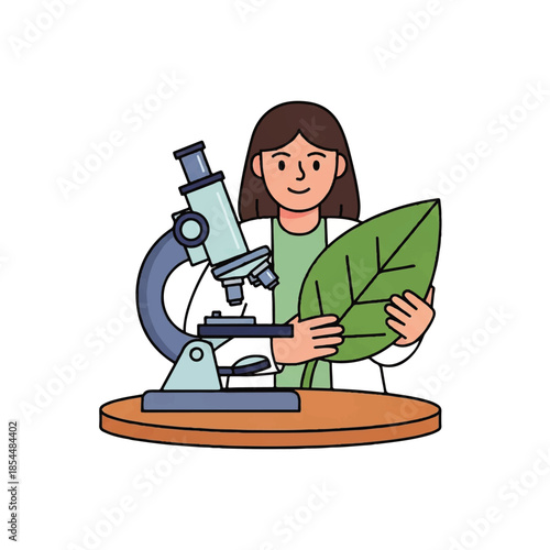 Flat vector illustration of a female biologist examining a plant leaf with a microscope in a laboratory, depicting scientific research and botanical study for educational purposes