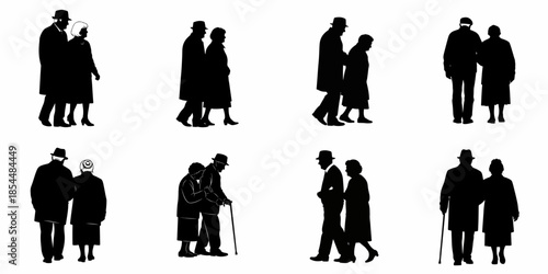 Collection of eight black vector silhouettes illustrating senior couples walking, standing, and supporting each other, symbolizing longevity, marriage, and companionship.