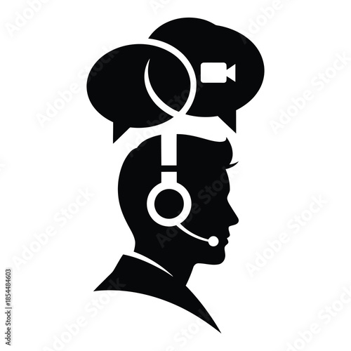 Silhouette of customer support agent wearing headset with speech and video call bubbles representing digital communication solutions on white background