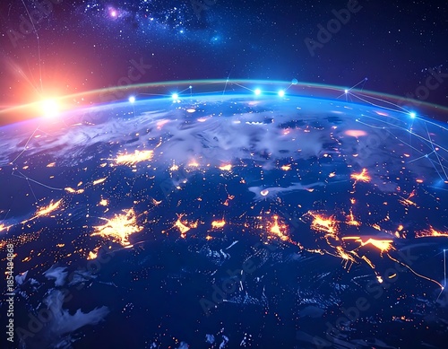 Glowing Earth, network connections and city lights in space