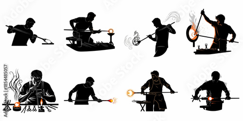Glass Blowing Art and Craft Silhouettes Collection: Detailed Vector Illustrations of Artisans Working Molten Glass with Tools and Fire.