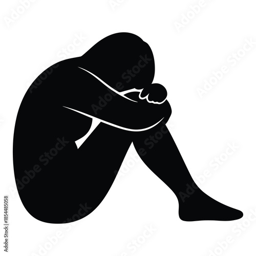 Simple black and white pictogram representing a lonely person curled up in a fetal position showing distress or sadness on white background