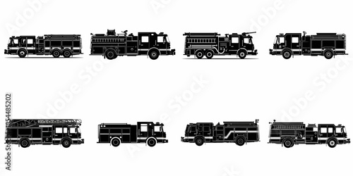 Eight different silhouettes of various fire truck and fire engine designs, emergency rescue vehicles, black and white vector illustration set.