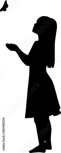 Little girl looking up at butterfly silhouette, child reaching out in nature vector illustration