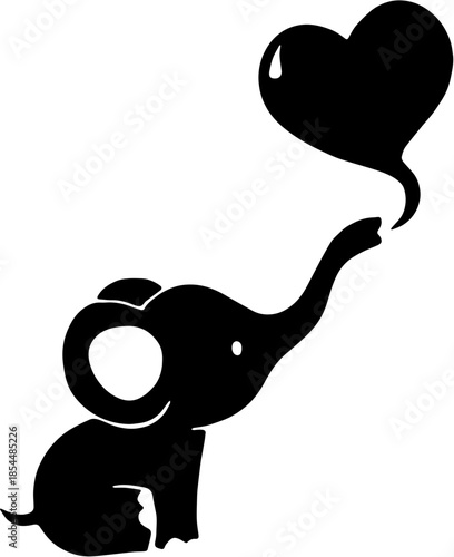 Cute baby elephant silhouette with heart shaped bubble, young animal vector illustration