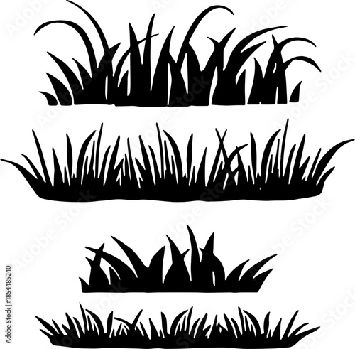 Grass patch silhouette set, various lawn tufts and meadow herb vector illustration isolated on white