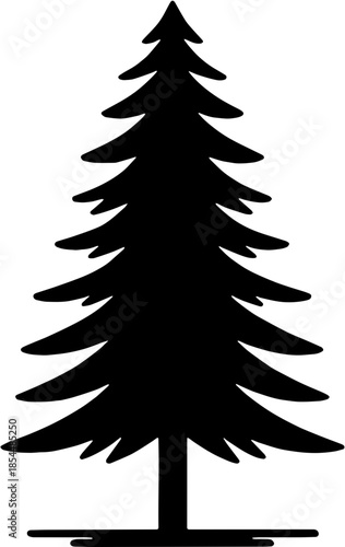 Single pine tree silhouette, evergreen coniferous fir or spruce vector illustration isolated on white