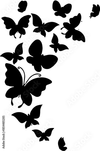Flying butterflies swarm silhouette, group of decorative garden insects vector illustration