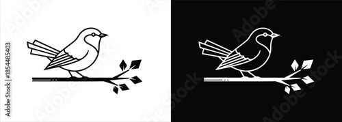Simple black and white illustrations of a bird perched on a branch with leaves viewed from the side on contrasting backgrounds