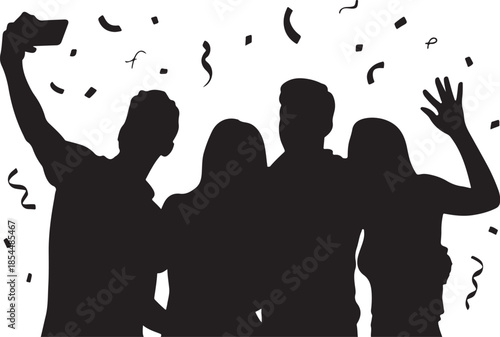 Group of friends taking a selfie with confetti silhouette