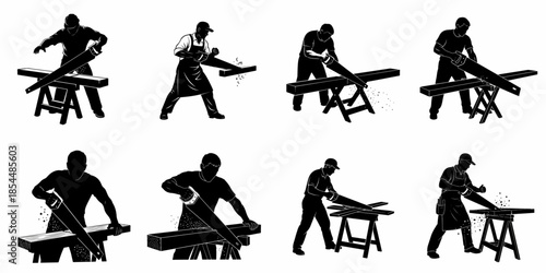 Black and white silhouettes of carpenters and handymen cutting lumber with handsaws on sawhorses, illustrating woodworking and construction trades.
