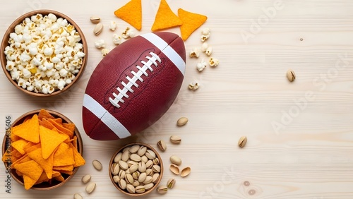 American football game day snacks: popcorn, chips, and pistachios on a wooden table