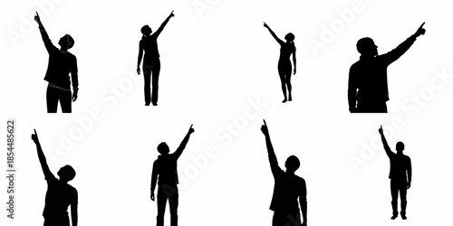 Collection of eight diverse black silhouettes of men and women pointing their index finger upwards, indicating direction, attention, or looking up.
