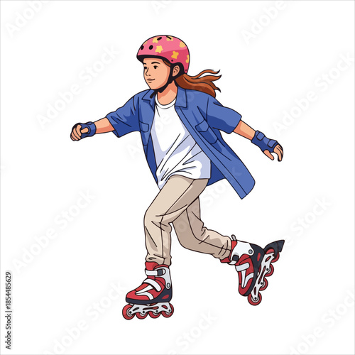 A young woman rollerblading on a smooth path, wearing protective gear and casual clothing, captured from a dynamic angle.