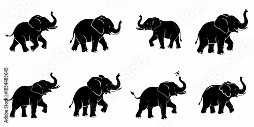 Eight black elephant vector silhouettes collection, displaying various walking poses and trunk actions, isolated graphic elements for design.