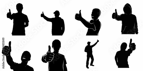 Collection of diverse young men silhouettes showing thumbs up gesture, symbolizing approval, agreement, and success.