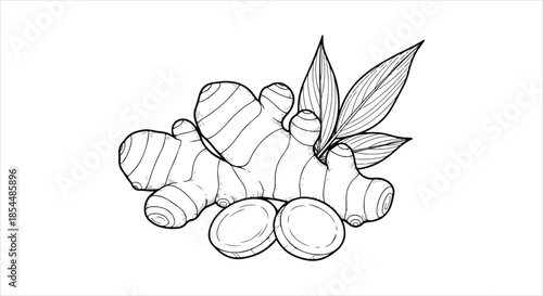 A simple line drawing of ginger roots and cardamom pods with leaves on a plain white background
