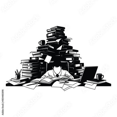 Overwhelmed office worker buried under massive piles of paperwork and books working diligently at a desk on white background