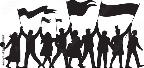 Silhouette crowd holding flags and banners people protest