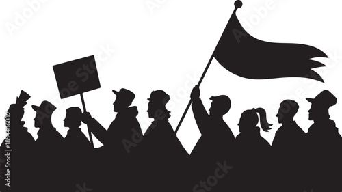 Silhouette crowd holding protest signs and flag demonstration