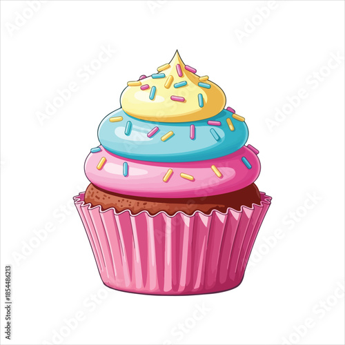 A colorful illustration of a chocolate cupcake with layered frosting and sprinkles in a pink wrapper viewed from the front.
