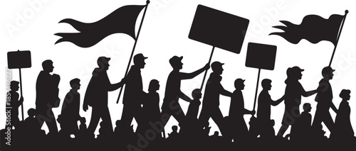 Silhouette crowd marching with flags and signs protest